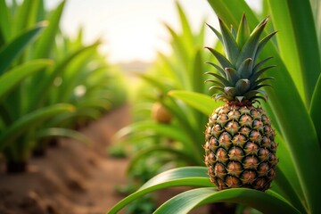 Fototapeta premium Pineapple tree growing on a plantation with sunlight filtering through branches, farm, agriculture, pineapple