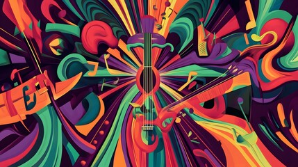 Fototapeta premium Abstract Colorful Music Instrument Artwork Featuring Guitars and Notes