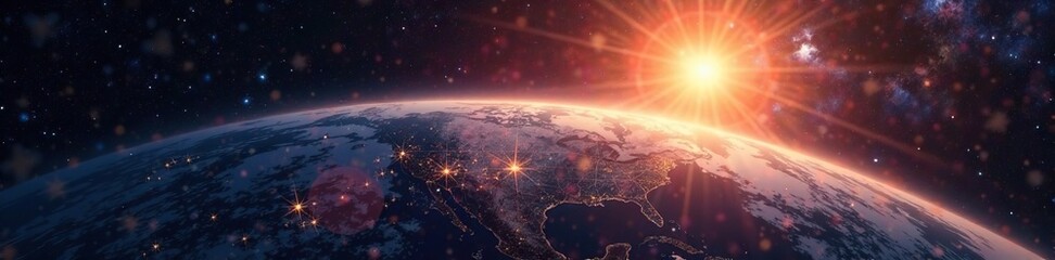 Naklejka premium Terra en el espacio con fondo oscuro y luces solares, earth, cosmos