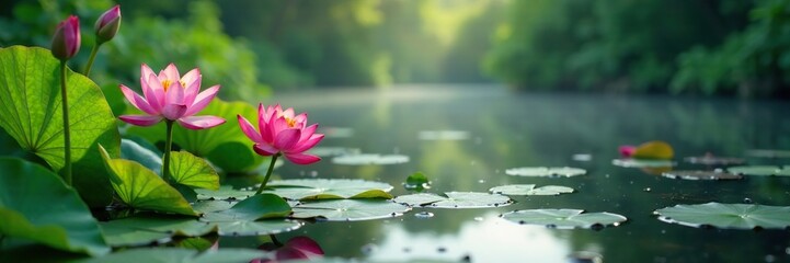 Water lilies and lotus plants swaying gently in the breeze near a calm lake, serenity, bhimtal