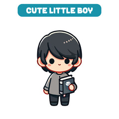 a cute little boy carrying books and bags with a smiley expression