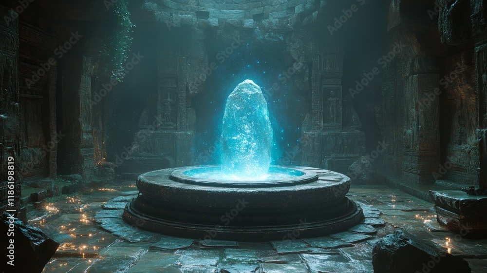 Poster glowing rock surrounded by sparkling particles in a tranquil forest setting during twilight