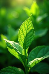 Delicate leaves unfurl under filtered sunlight, botanical details, natural environments
