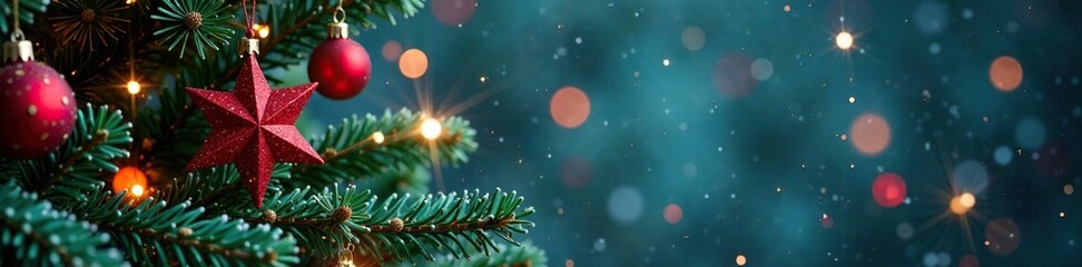 Swirls of glittering snowflakes and red stars on a decorated Christmas tree branch, Red Star, Ornaments