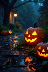 Obraz premium Rainy night scene of a glowing jack o lantern in the garden, glowing pumpkins, garden decorations, spooky ambiance