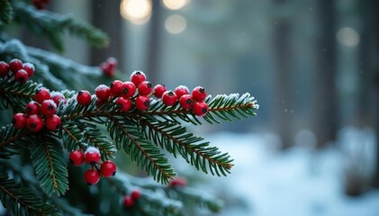 Red berry garland draped over a frosty evergreen branch, forest, woodland