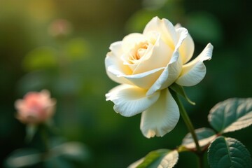 Pure white rose petal falls from a stem in the garden, bloom, landscape, natural