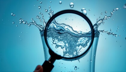 Water splash examined under magnifying glass. Detailed analysis of drinking water quality. Laboratory setting for water testing. Focus on purity, security. Image for commercial use water safety.
