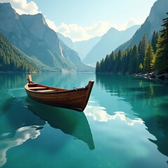 Obraz premium A light blue arrow points right at a small wooden boat on a lake, boat, vessel