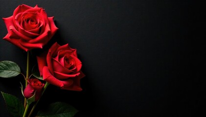 Red rose blooms on black canvas with subtle texture, flowers, nature, botanicals