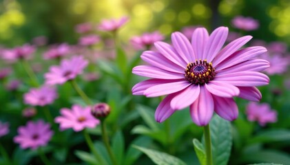 Light purple Dimorphotheca blooms in a lush garden scene, lush garden, dimorphotheca