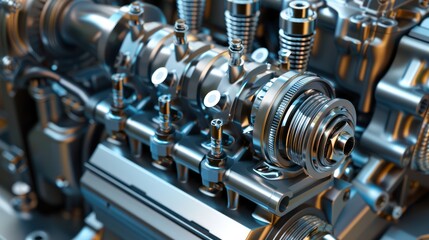 Fototapeta premium Close-up animation of engine parts, including pistons, spark plugs, and block, showing smooth, detailed mechanics with realistic lighting and shadows.