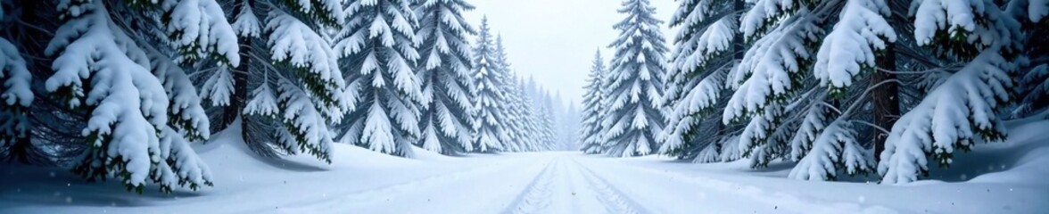 Fototapeta premium Dense forest covered in thick layer of fresh snow, conifer, coldweather, forest