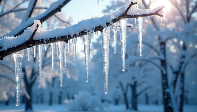 Towering icicles hanging from frozen branches on a winter tree, icicle, frosty