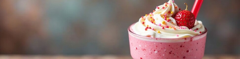 Strawberry milkshake with whipped cream and sprinkles on top, creamy, smooth