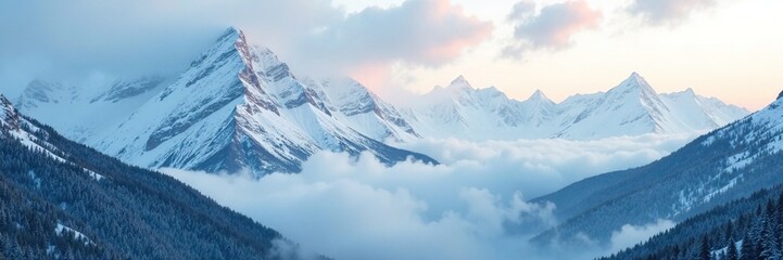 Obraz premium Faded mountain peaks shrouded in misty snowfall, winter, scenery