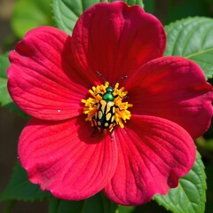 Colorful beetle crawling on a bright red flower, botany, nature, insect