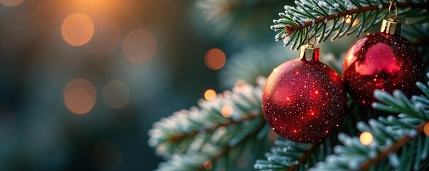 Obraz premium Sparkling Red and Gold Ornaments on a Frosted Pine Stem, sparkling red ornaments, holiday decoration