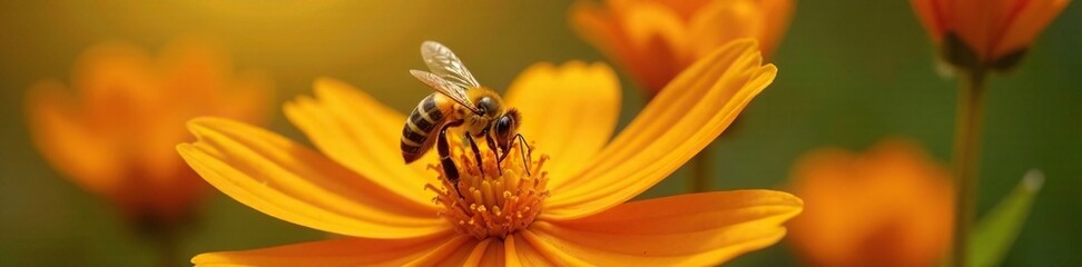 A honeybee collecting nectar from a bright orange flower, blossoms, nectar