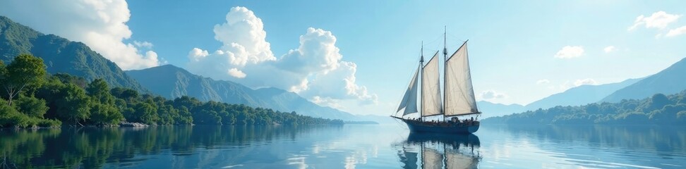 Sailing vessel with billowing sails on a peaceful lake, barque, white cloud