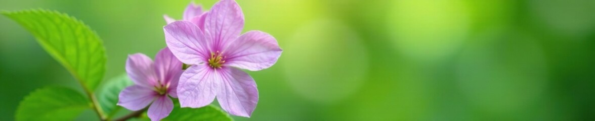 Obraz premium Delicate lilac petals against a soft green background, leafy, flower