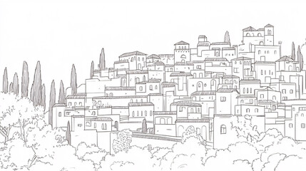 Fototapeta premium detailed sketch of a mediterranean hill town with clustered buildings and trees creating a serene and classic illustration 