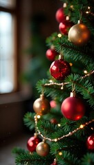 Fototapeta premium colorful ornaments and garland on a wooden Christmas tree, holiday cheer, ribbons, bows