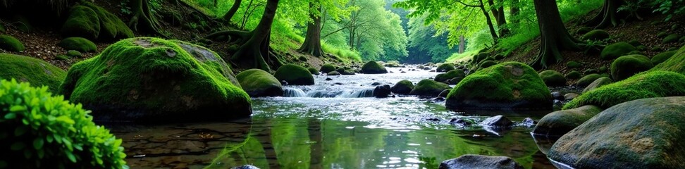 River flows through dense forest with mossy rocks, river, tree-lined, watercourse