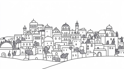 Obraz premium Line art illustration of a hillside town featuring domed buildings, trees, and simple geometric shapes on a white background 