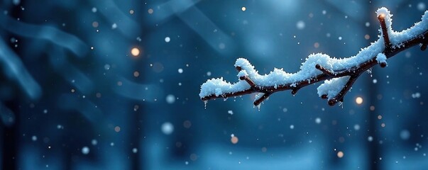 Snowflakes falling gently on a branch in the dark blue winter scene, snowy, winter, frost