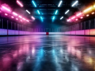Neon Lights Illuminate Empty Ice Rink Vibrant Pink Blue and Orange Glow on Ice