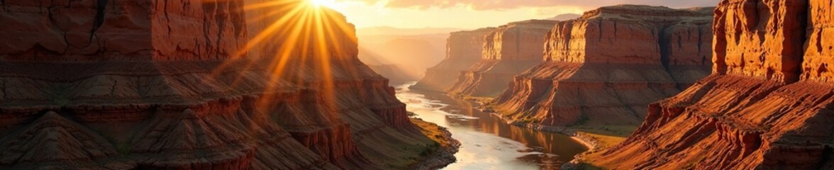 Golden rays illuminate the rugged canyon walls and riverbed, vast open spaces, canyon