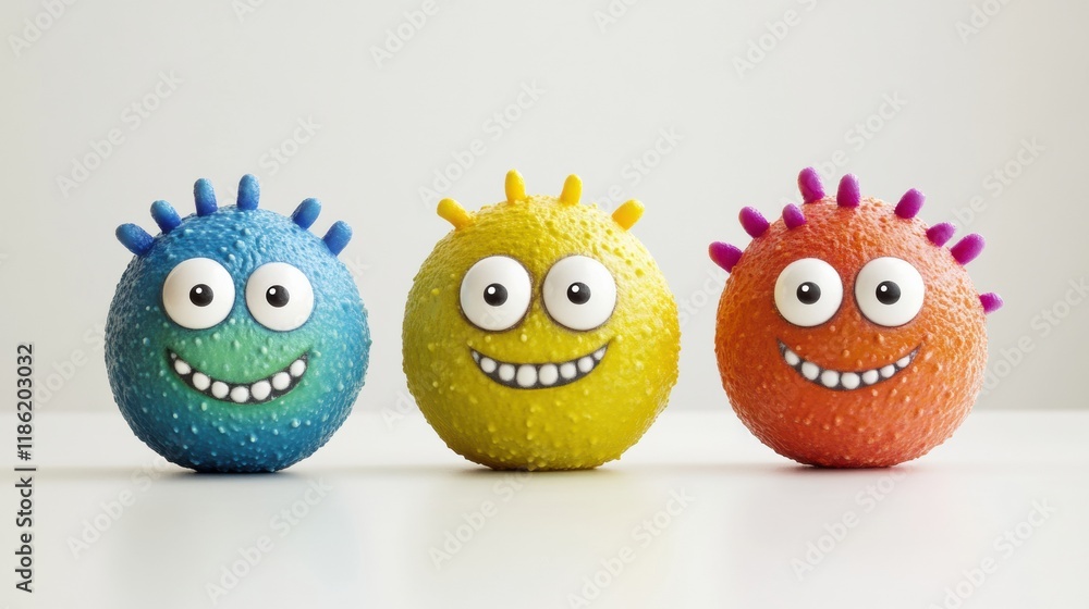 Poster Bright and cheerful microbes with smiling eyes bring joy to everyday life in a playful setting. Generative AI