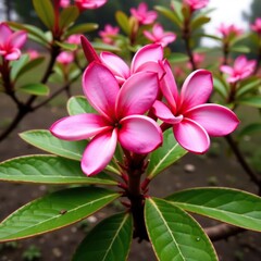 Pink plumeria tree with full bloom and wet leaves, pink, nature, tree