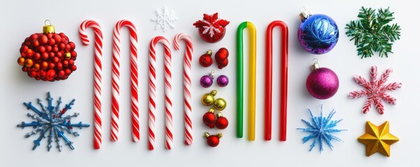 Obraz premium Christmas decorations, gifts, and ornaments arranged on a white background, featuring vibrant colors and holiday cheer with snowflakes and candy canes