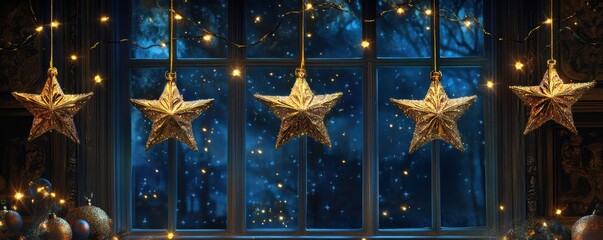 Christmas decorations, golden stars hanging on a dark blue background, adorned with glowing lights and festive elements, creating a warm holiday atmosphere full of joy