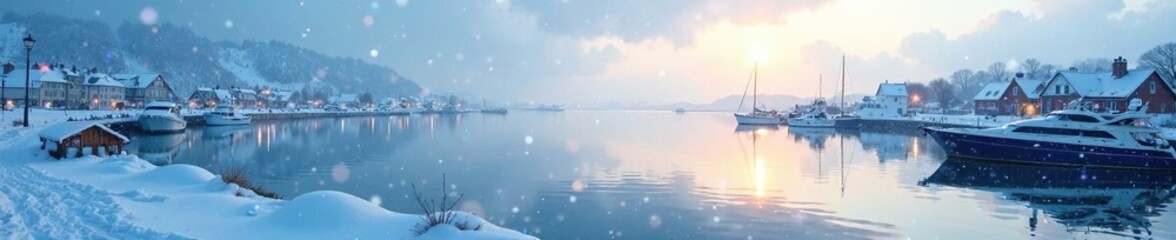Fototapeta premium The harbor's surface is a sheet of white as the snow falls gently, calm, water, serenity