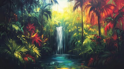 Fototapeta premium Lush Tropical Rainforest with Waterfall and Pool
