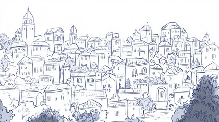 A hand-drawn sketch of a European village featuring detailed rooftops trees and hills with a charming architectural arrangement in soft monochrome tones  
