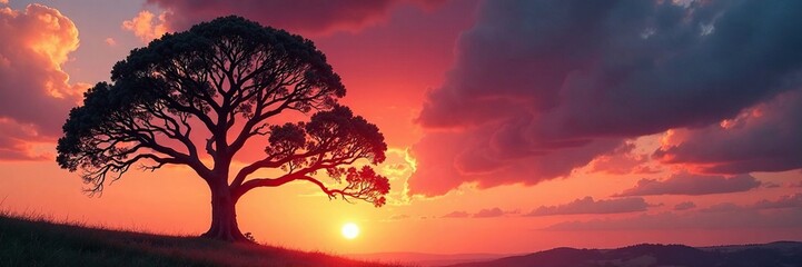 Obraz premium Majestic eucalyptus tree against a fiery sky at sunset, Sky, Sunset, Clouds