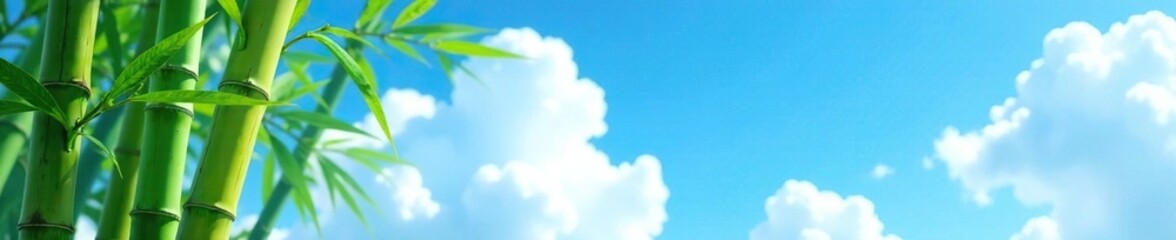 Fototapeta premium Bamboo stalks in a bright blue sky with fluffy white clouds, simple, modern