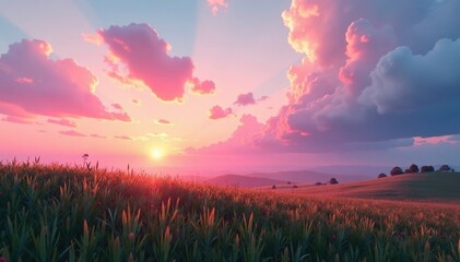 Cloudy sky with soft pink hues of dawn breaking over a meadow, pink sunrise, natural scenery, serene atmosphere