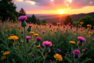 Fototapeta premium Thistles and wildflowers thrive in a picturesque meadow at dusk, thistle, foliage, sunset