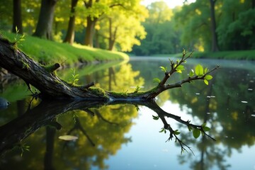 Fototapeta premium The reflection of a tree branch in the calm waters of a wetland, scenery, trees