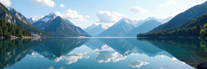 Fototapeta premium Reflections of majestic mountains on calm lake surface, , calm