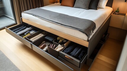 Bedroom with hidden storage and multifunctional furniture 