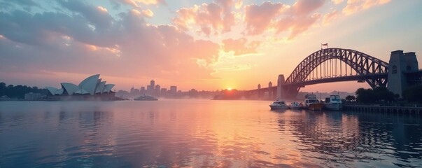 Obraz premium Gentle mist rises from the harbour as morning breaks, Sky, Sydney