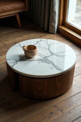 Dark wood coffee table with Asian-inspired marble top, cozy, wood tone