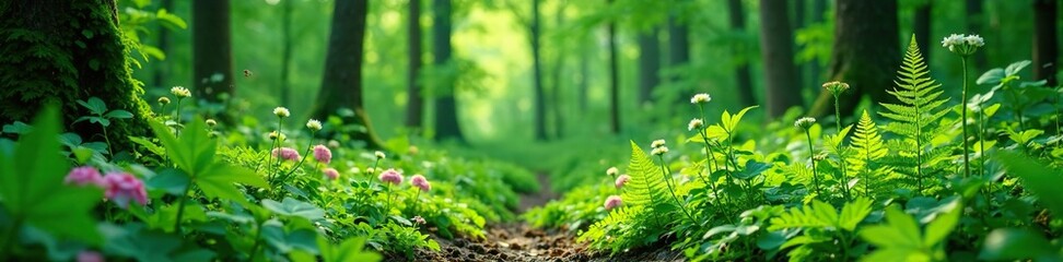 Green ferns and wildflowers in a wooded clearing, vegetation, forest