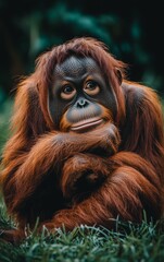 Obraz premium A Captivating Portrait of a Young Orangutan Resting Serene in Lush Green Grass